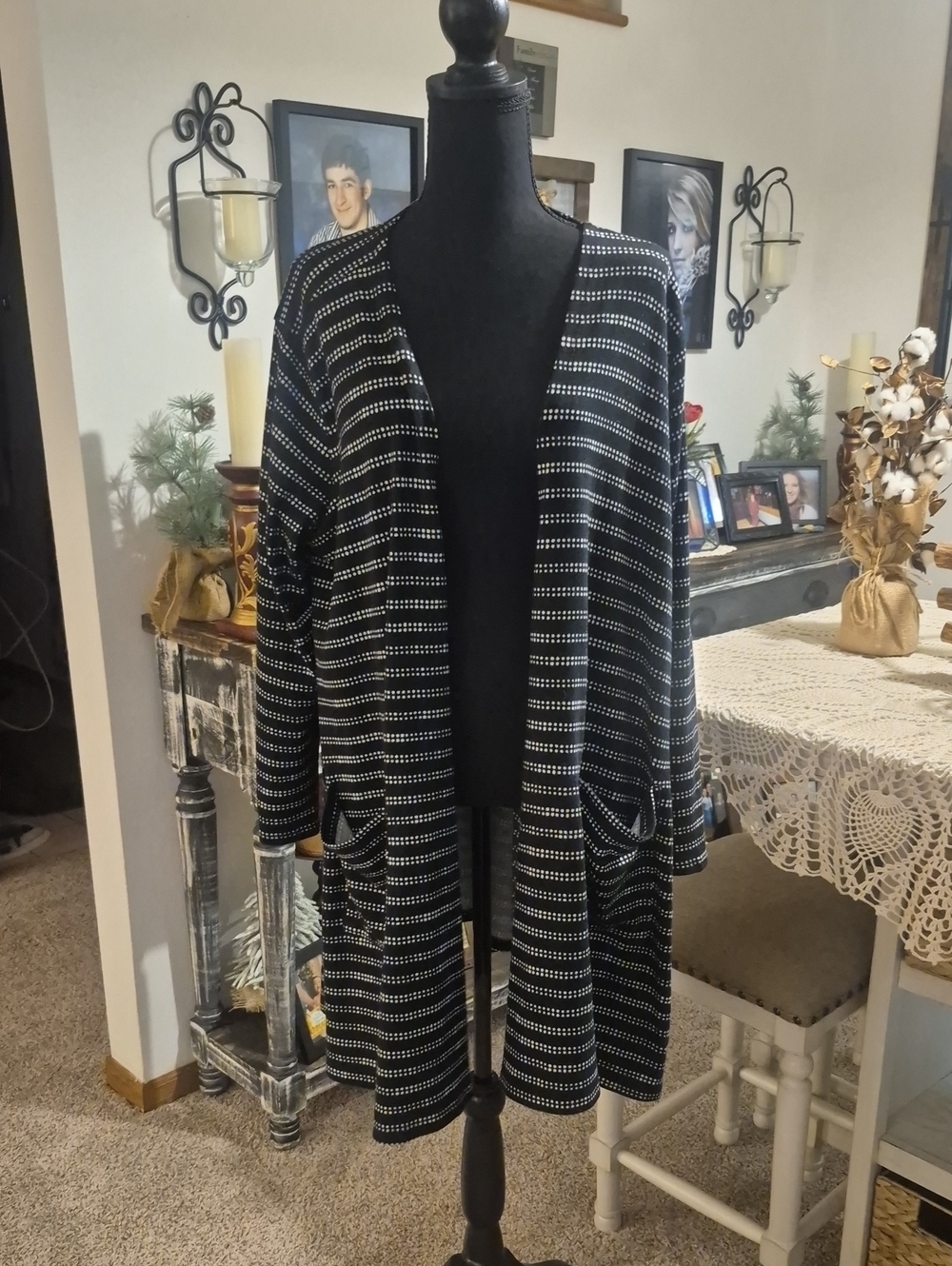 LuLaRoe Black and White Striped Open-Front Cardigan
